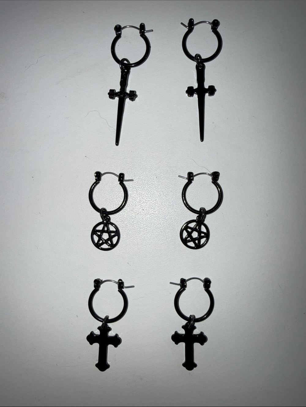 Black Gothic Hoop Earring Set - Cross, Dagger & Pentagram Charms